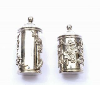 1930 ' s Chinese Solid Silver Repousse Salt & Pepper Plum Flower Blossom Marked 4