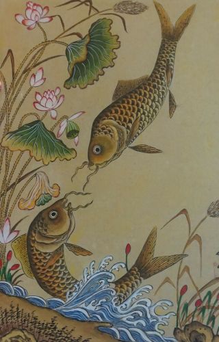 Fine Korean Minhwa Folk Hand Painting 2 Carps Kois Signed Framed