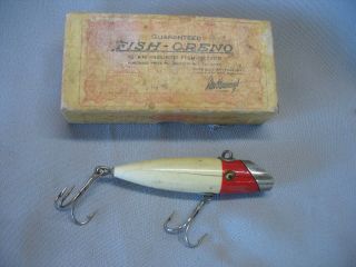 Vintage Wood Glass Eye South Bend Fish Oreno Lure Red Head White Color W/ Box