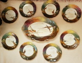 Antique Limoges Hand Painted Artist Signed Muville Plate Game Birds France Set 9