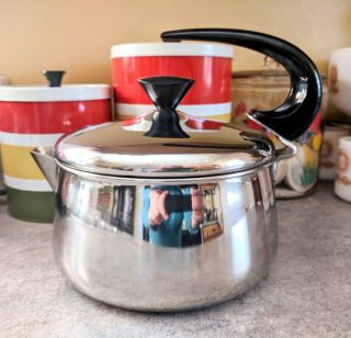 Vintage Farber Ware Stovetop Stainless Steel Tea Kettle With Swoop/swoosh Handle