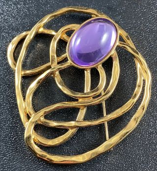 Vintage Brooch Pin Large 4” Gold Tone Purple Glass Cabochon Modernist Lot3
