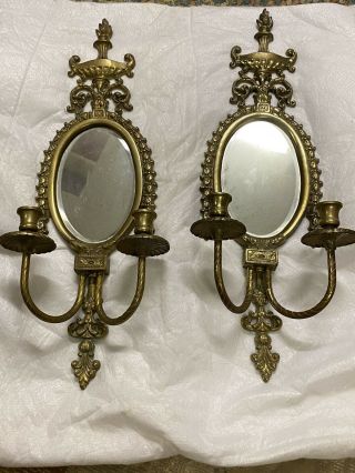 Antique Pair Large Ornate Brass Mirror 2 Candle Wall Sconce 23” Tall X 9” Wide