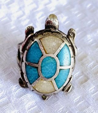 Vintage Native American Sterling Silver Turquoise Coral Inlay Turtle Ring Size 5