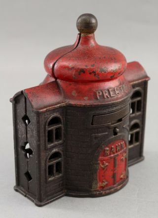 19thC Antique Kyser & Rex PRESTO Cast Iron Mechanical Building Bank w/ Key,  NR 3