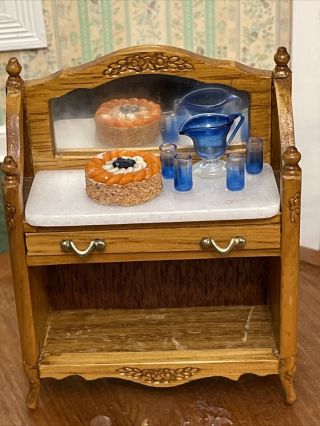 Vintage Doll House Miniature Oak Hutch With Faux Marble Top