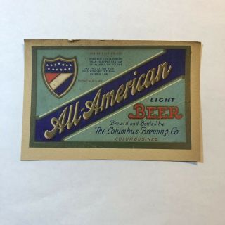 All American Beer Vintage Paper Label Columbus Brewing Columbus,  Ne