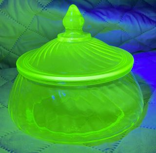 Vintage Green Vaseline Glass Covered Candy Dish Swirl Design With Lid