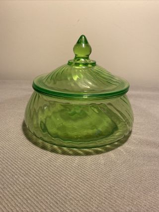 Vintage Green VASELINE GLASS Covered Candy Dish SWIRL Design with LID 3