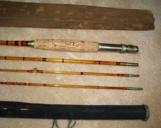 Vintage Bamboo Fly Rod; 9 Ft.  3 Piece with Extra tip; 3/2; velvet/wood holder 3