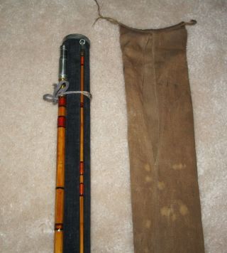 Vintage Bamboo Fly Rod; 9 Ft.  3 Piece with Extra tip; 3/2; velvet/wood holder 6