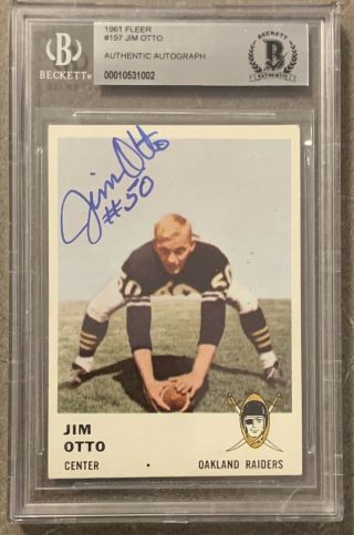 1961 Topps 197 Jim Otto Autographed Rookie Rc Card - Beckett Authenticated