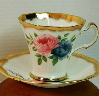 |vintage Cup And Saucer Royal Adderley Gold Trim Blue And Pink Roses