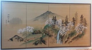 Vintage Japanese Silk Screen,  Spring In Mountain Village,  4 Panel - 36 " X70.  5 " X1 "