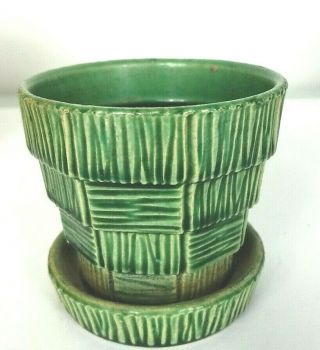 Vintage Mccoy Pottery Small Green Basket Weave Planter With Saucer Vguc 3.  25 "