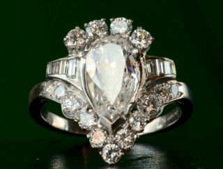 Vintage Art Deco 4.  10ct Pear Cut Diamond 14k White Gold Antique Engagement Ring