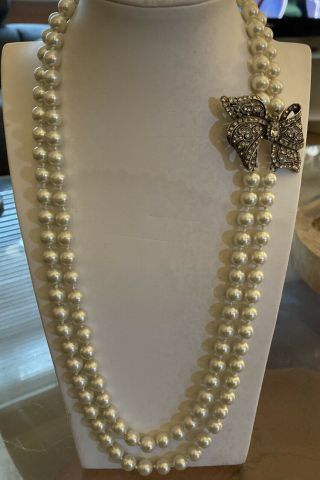 Vintage Faux Pearl Necklace Bow Diamante Clasp