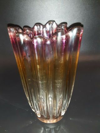 Vtg Murano Mid Cntry Ribbed Art Glass Vase Ombre Fade Purple To Amber