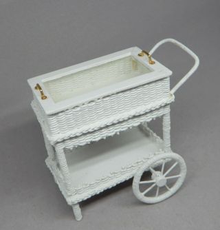 Vintage Wicker Tea Cart With Glass Top Artisan Dollhouse Miniature 1:12