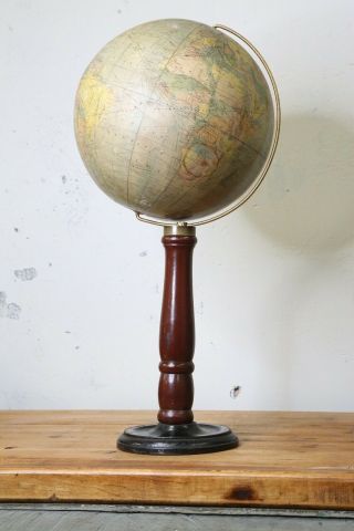 Vintage Henderson Ames Co World Globe Table Stand Wood And Cast Iron Base Old