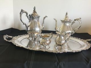 Vintage Baroque By Wallace Silver Plate Coffee And Tea Set With Large 294 Tray