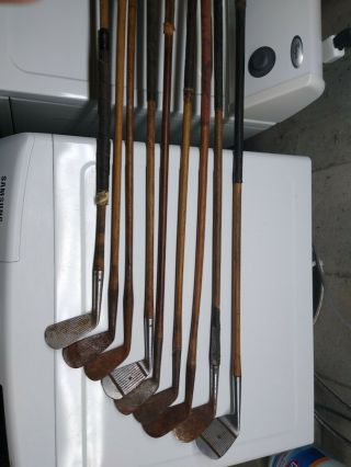 Antique Golf Clubs - Drivers,  Spoons,  Irons,  Grips - All Wood Shafts