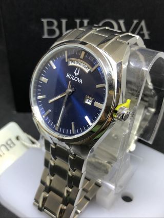 Bulova Men ' s Silver Tone Blue Dial Day/Date Bracelet Watch 96C125 C10 2
