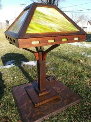 Vintage Arts And Crafts Style Lamp - Oak With Green Glass
