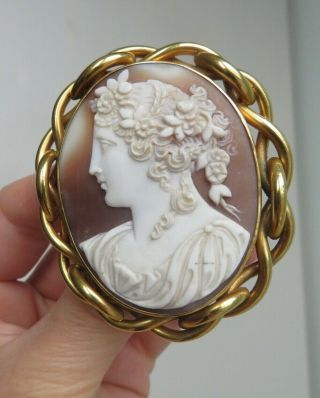 Antique Victorian Large Shell Cameo Pinchbeck Frame Brooch Of Flora