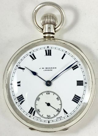 Antique English Sterling Silver J.  W.  Benson Swiss Made Pocket Watch London 1915