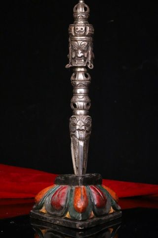 11 " Old Tibet Buddhism Tian Iron Meteorite Buddha Head Phurba Dagger Holder Faqi