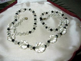 Lovely Vintage Art Deco Clear And Black Crystal Glass Necklace