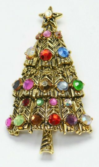 Vintage Hollycraft Rhinestone And Gold Tone Christmas Tree Brooch Or Pin