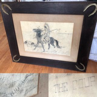 Antique 1900s Native American Indian The Coup Signed Drawing Horseshoe Frame