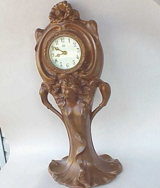 Large Antique Jennings Bros.  Brothers Art Nouveau Mantel Lady Statue Clock