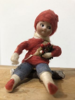 Vtg Heubach 3” Bisque Girl Doll On Branch Germany Spun Cotton Christmas Antique