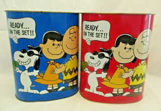 2 Vtg 1969 Cheinco Peanuts Charlie Brown Snoopy Wastebasket Trash Can Red & Blue