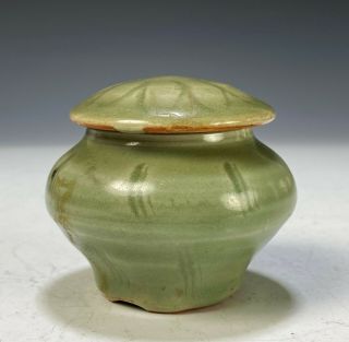 Antique Chinese Celadon Glazed Covered Porcelain Jarlet - Ming Dynasty