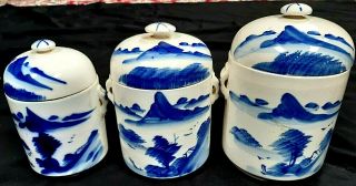 Lovely Set Of 3 Vintage Chinese Graduated Hand Painted Lidded Storage Canisters