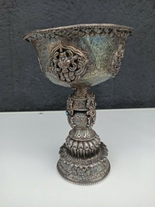 Antique Chinese Tibetan Buddha Sterling Silver Yak Butter Lamp Cup19th.