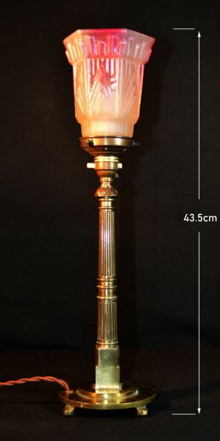 Vintage Edwardian C1910 Cast Brass Lamp 4 Footed Bae Reeded Column Deco Shade