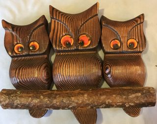 3 Owl’s 1970s Vintage Wall Decor Wooden Hanging Wood Grain Birds