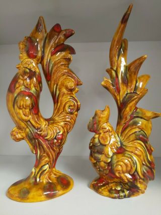 Vintage Rooster And Hen Figurines Ceramic Drip Glaze
