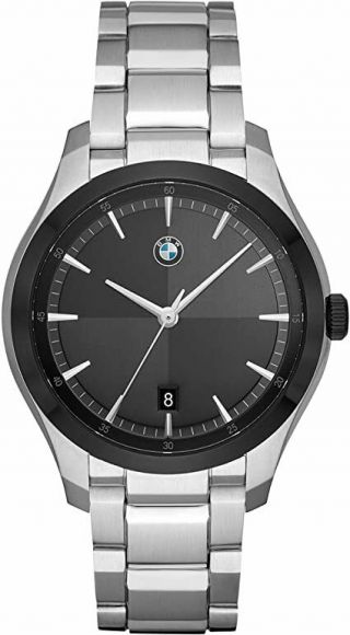 Bmw Bmw6002 Mens Silver Tone Stainless Steel Black Dial Date 42mm Watch Nwt Box
