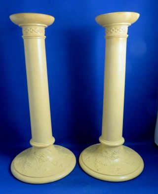 Antique Early 19thc Large Wedgwood Caneware Candlesticks - Prunus - 11 Inch