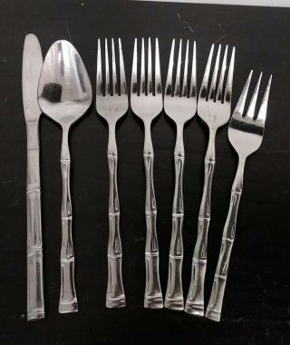 7 Piece Exotic Bamboo Stainless Flatware Korea Vintage Fork Spoon Knife