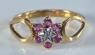 Dainty Vintage Diamond Ruby Sterling Silver Ring 9ct Gold Plated