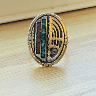 Vintage NATIVE AMERICAN Sterling Silver BEAR PAW Turquoise Coral INLAY Ring 8.  5 2