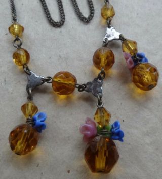 Vintage Art Deco Amber Glass Czech Flower Glass Bead Chain Necklace - A109
