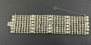 Vintage 10 - Row Clear Rhinestone Bracelet With Safety Chain 1 5/8 " Wide 7 1/4 "